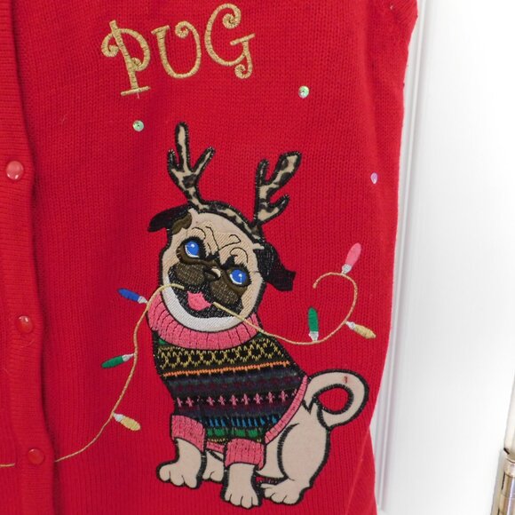 Bah Hum Pug Red Christmas Ugly Sweater Vest XXL 20 Dog Lights Sequins Button Up - Picture 4 of 7